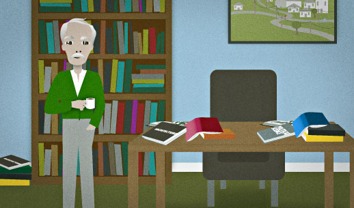 English Lesson: When you go in his office, there are books scattered all around.